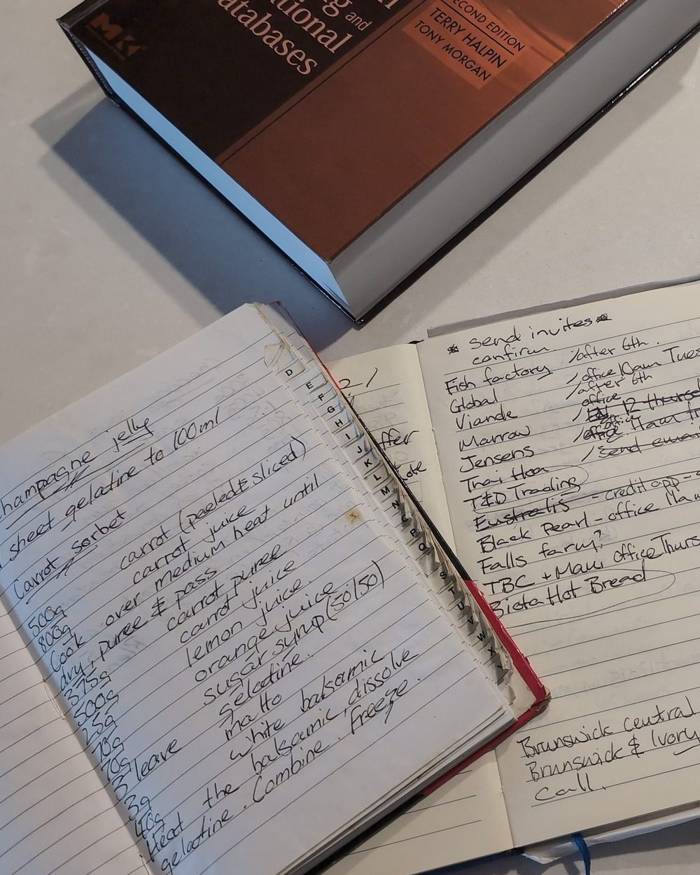 A database textbook on the bench beside my old service notebook, and my knives.