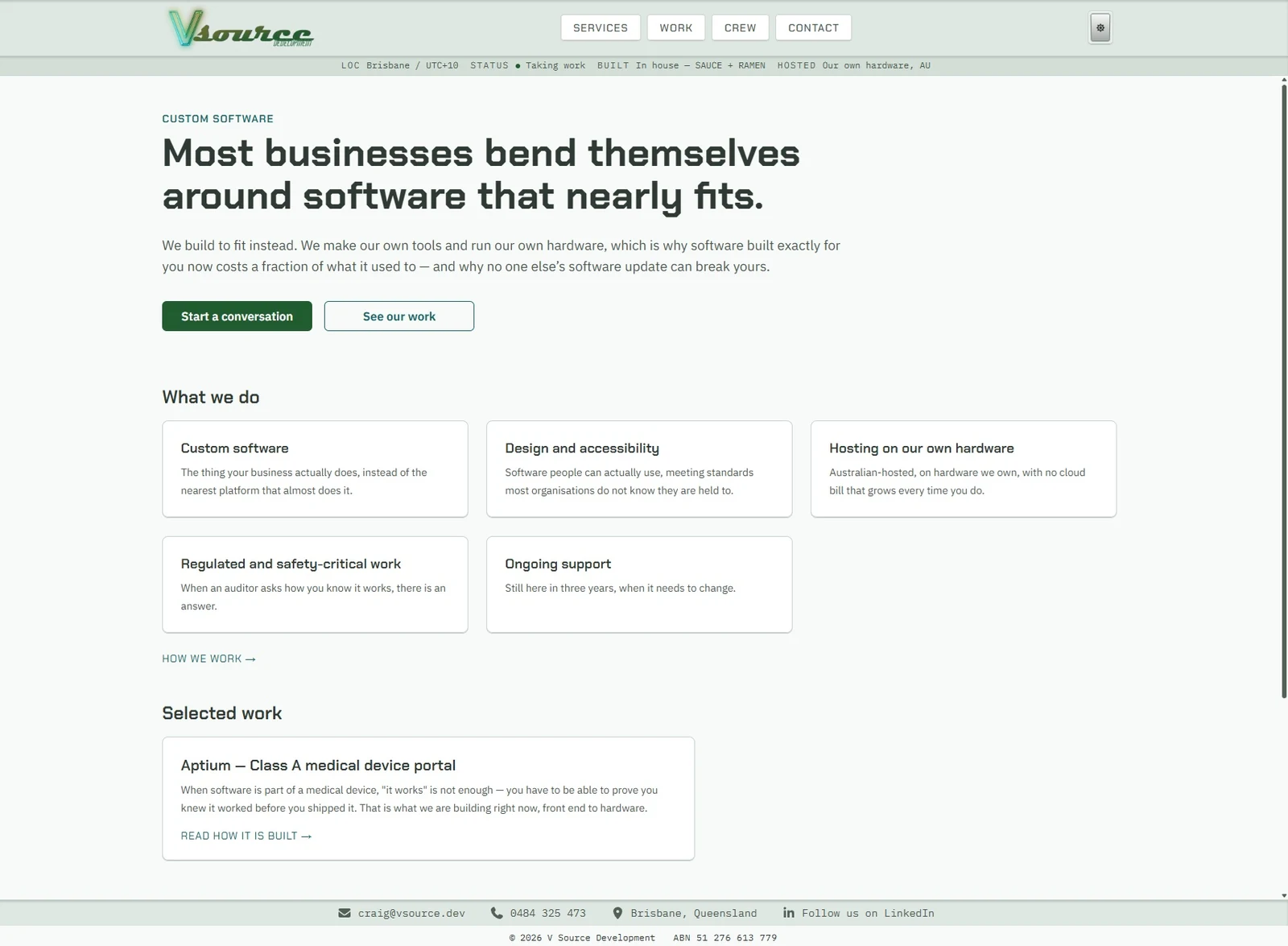 The same vsource.dev home page in its light theme: an off-white green-cast ground, dark forest-green headings, and the same layout and spacing as the dark version.
