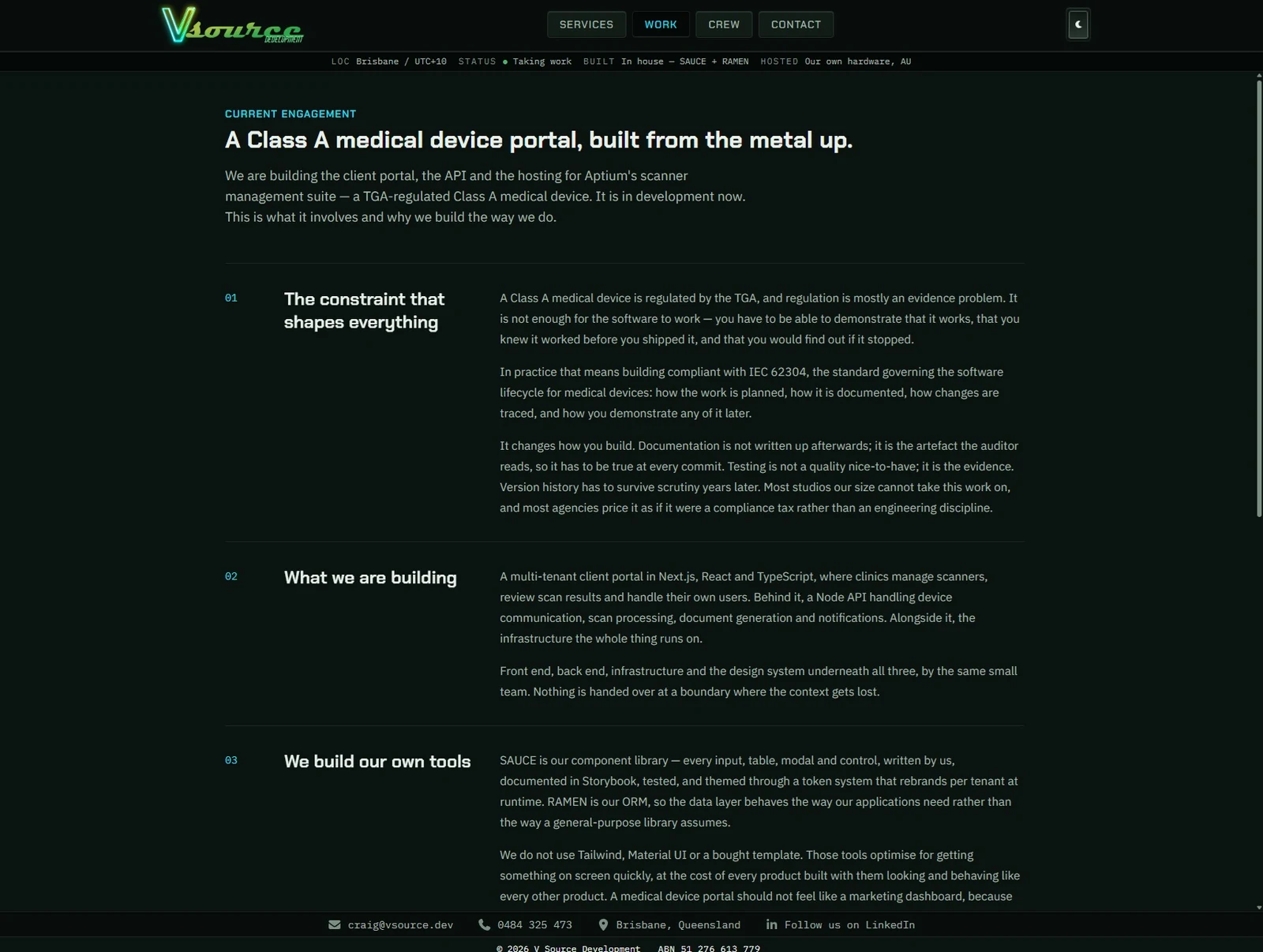 The vsource.dev work page: a numbered editorial layout with a narrow index column, a sticky section heading, and body copy held to a readable measure.
