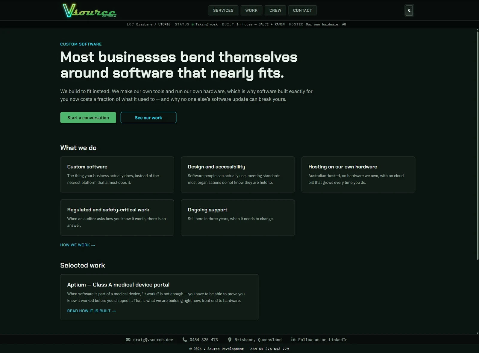 The vsource.dev home page in its dark theme: a near-black green-cast ground, a neon green script logo with a cyan glow, a large pale headline in a squared technical face, and a mono status strip reading location, availability, tooling and hosting.