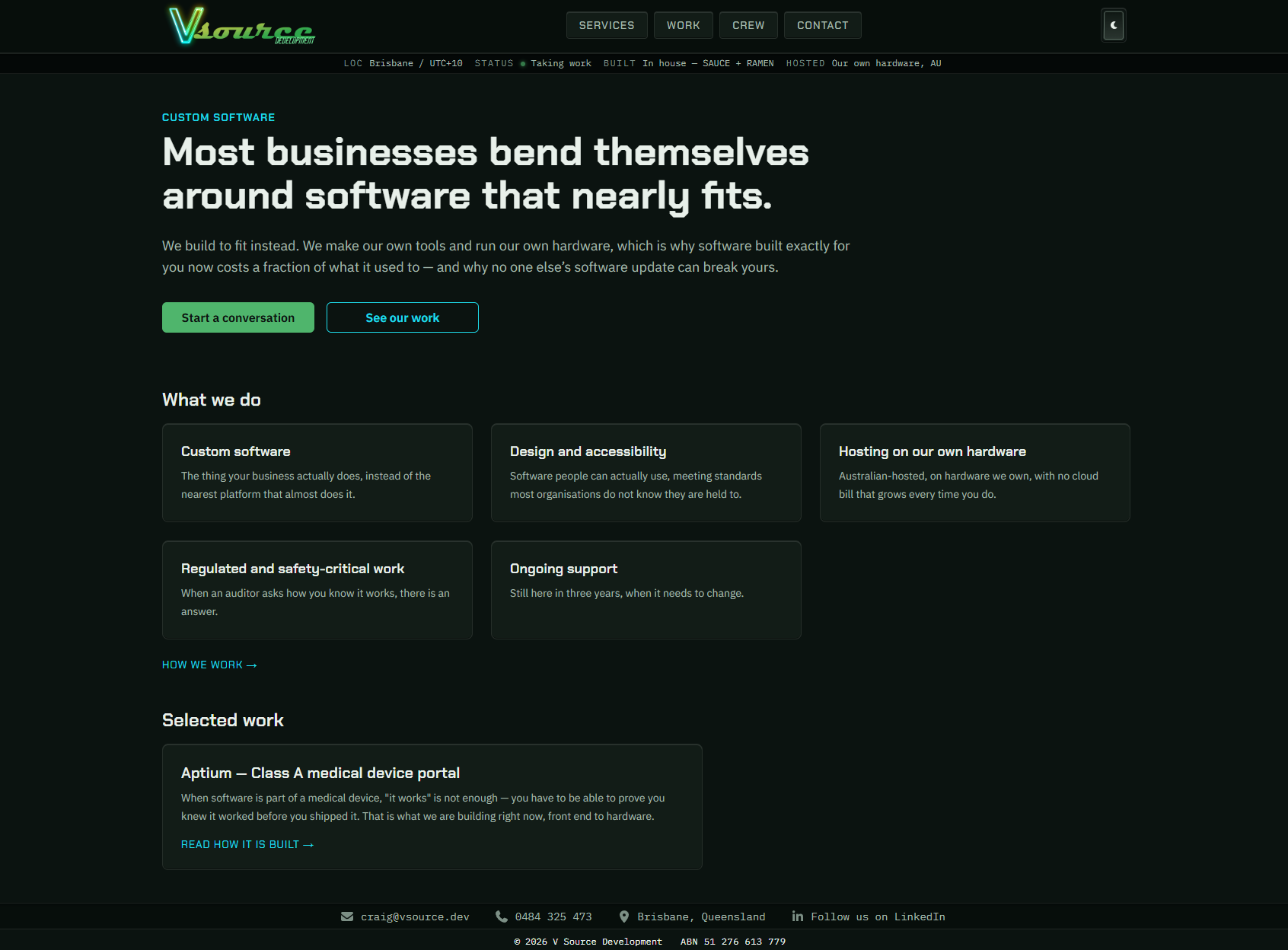 The vsource.dev home page: a dark page with a neon green logo, the headline “Most businesses bend themselves around software that nearly fits.” and a grid of service cards.